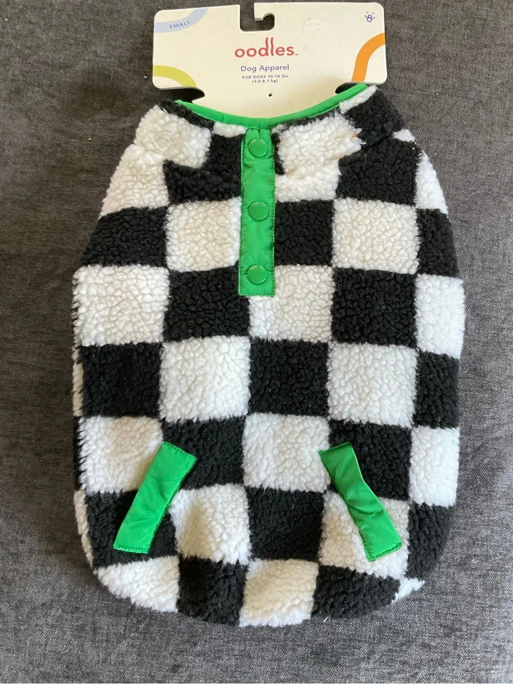 NWT Oodles Fleece Dog Coat, Black & White Checkered, size Small (10-18 lbs)